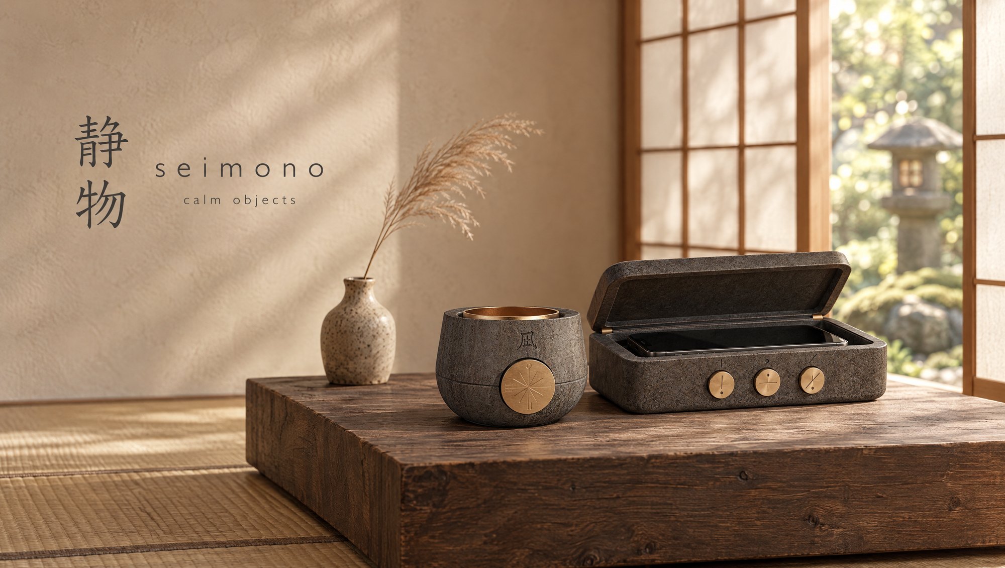 minagi and meiro together on a low wooden table beside a ceramic vase in morning light