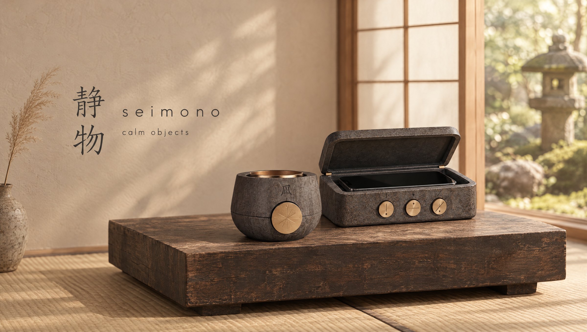 minagi and meiro in stone and brass, resting on a wooden table in a sunlit Japanese room; 静物 seimono calm objects on the plaster wall